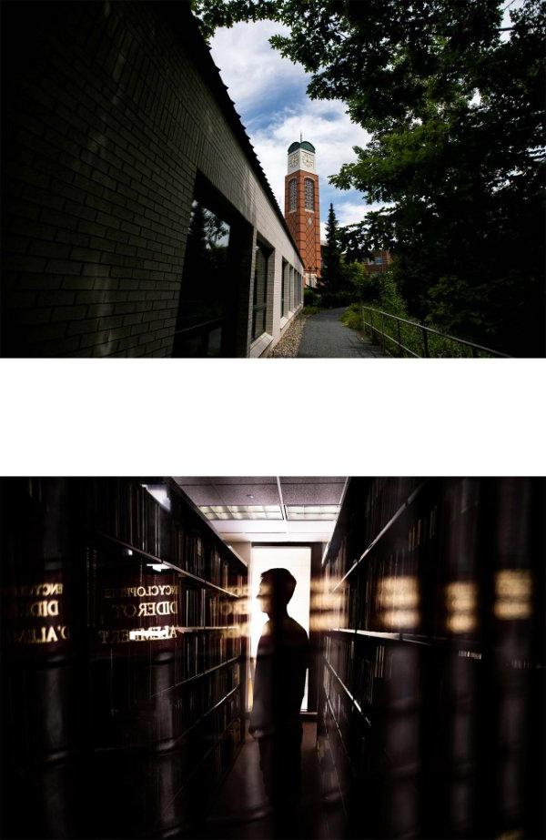   Top photo: Trees, a path and a building lead out to a clock tower seen in the distance. Bottom photo: A silhouette of a person looking at a tall bookshelf with streaks of light overlapping. 